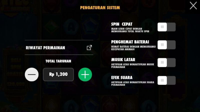 Tampilan dalam Menu Pengaturan dan Menu Taruhan